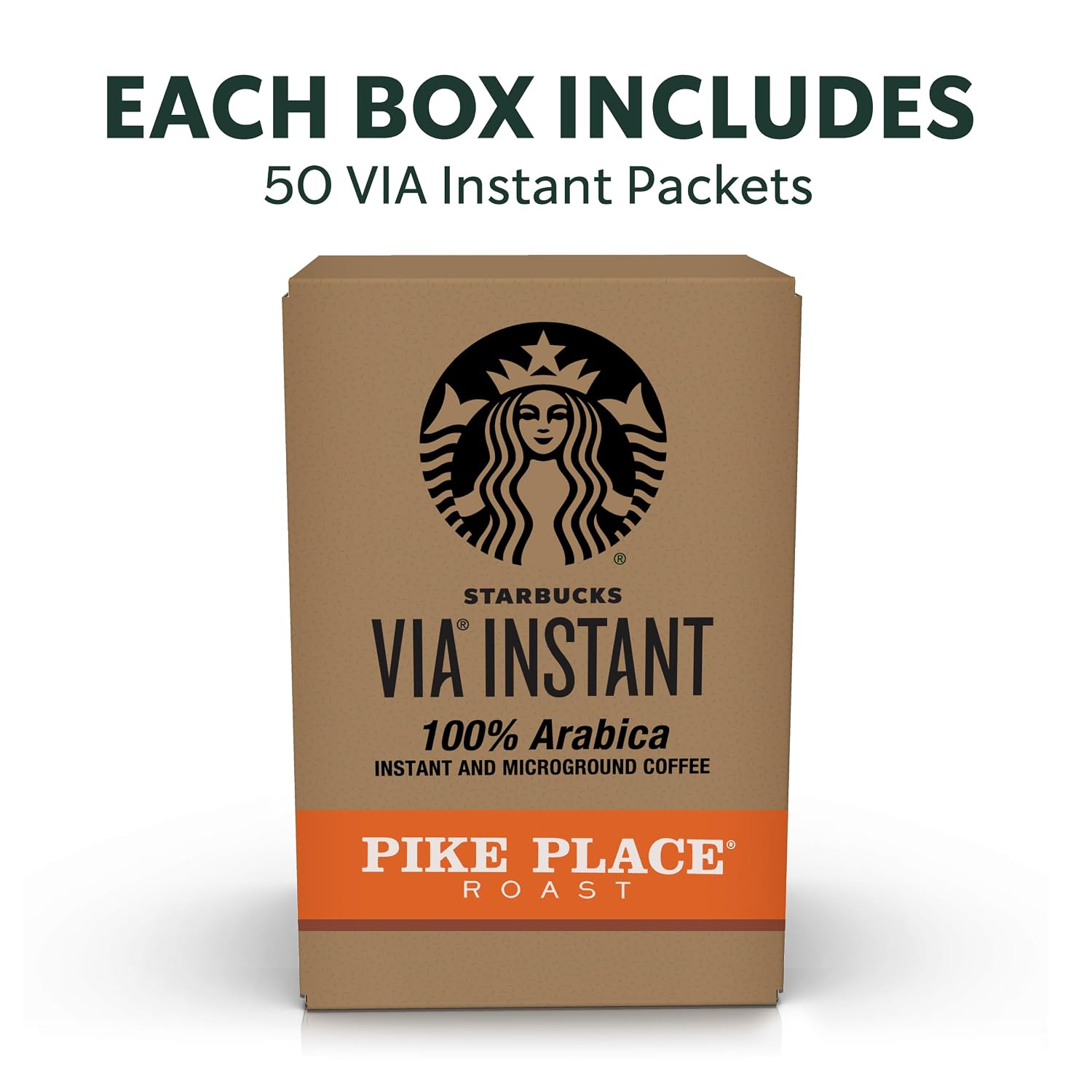 Starbucks VIA Instant Coffee, Medium Roast Coffee, Pike Place Roast, 100% Arabica, Single-Serve, 1 Box (50 Packets) | 100% Arabica instant coffee packets; Pike Place Roast medium roast; 1 box, 50 packets