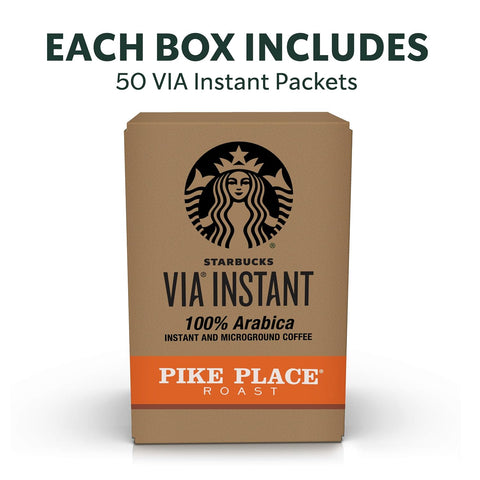 Starbucks VIA Instant Coffee, Medium Roast Coffee, Pike Place Roast, 100% Arabica, Single-Serve, 1 Box (50 Packets) | 100% Arabica instant coffee packets; Pike Place Roast medium roast; 1 box, 50 packets