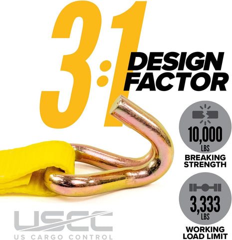 US Cargo Control Wire Hook Ratchet Straps 2 Inch x 12 Foot (4-Pack), 10,000 LBS Break Strength, Yellow 2 Inch Ratchet Straps Heavy Duty with J Hooks, Heavy Duty Tie Downs for Trailers and Trucks