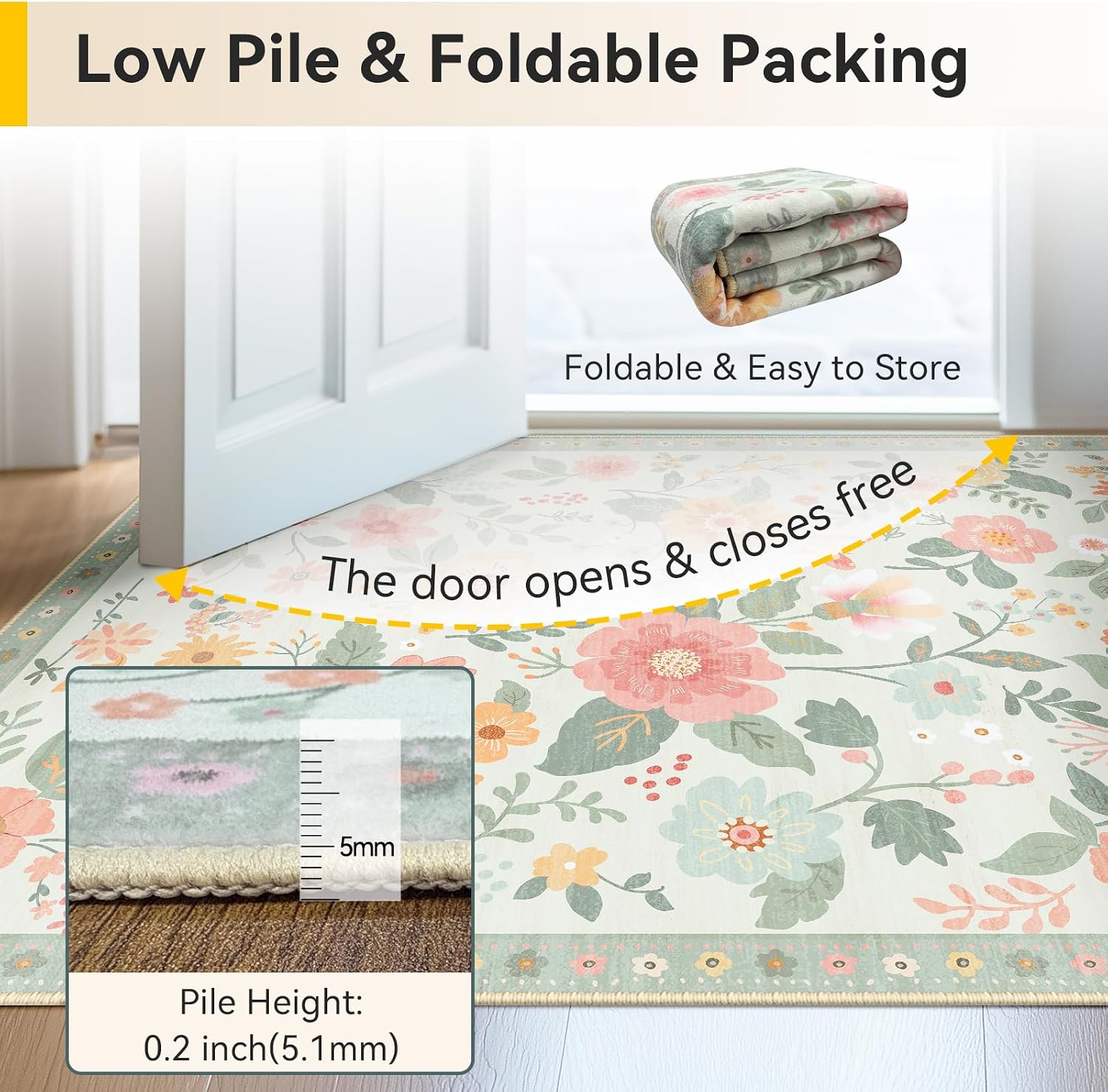 RELEANY Floral Washable 5x7 Area Rugs Beige/Green