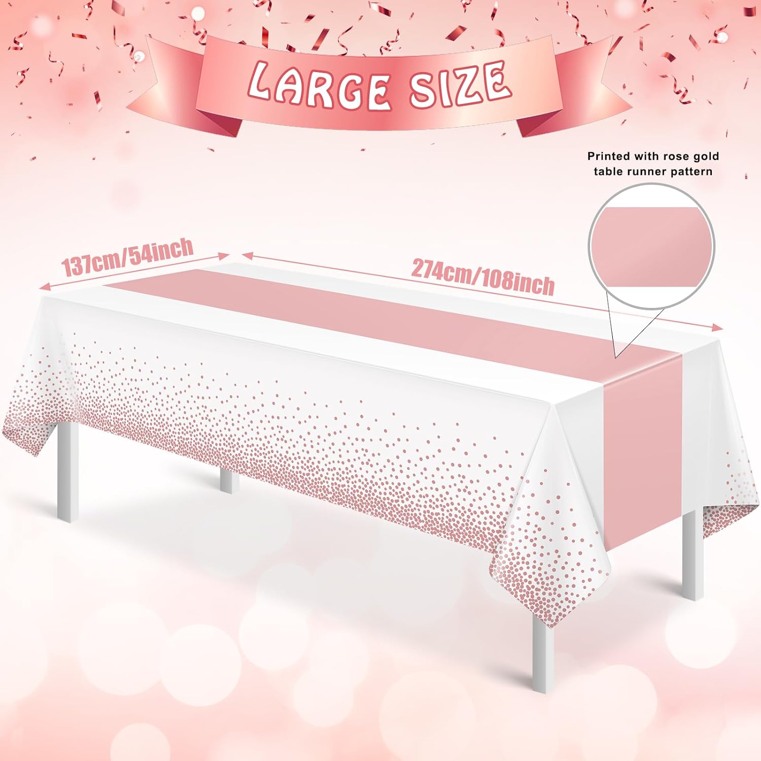 3Pcs White and Rose Gold Tablecloth Party Decorations,Plastic White Table Cloth Printed Rose Gold Table Runner Disposable Rectangle Cover for Birthday Anniversary Wedding Grad Party,54 x108 Inch