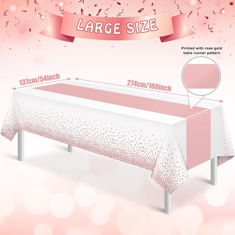 3Pcs White and Rose Gold Tablecloth Party Decorations,Plastic White Table Cloth Printed Rose Gold Table Runner Disposable Rectangle Cover for Birthday Anniversary Wedding Grad Party,54 x108 Inch