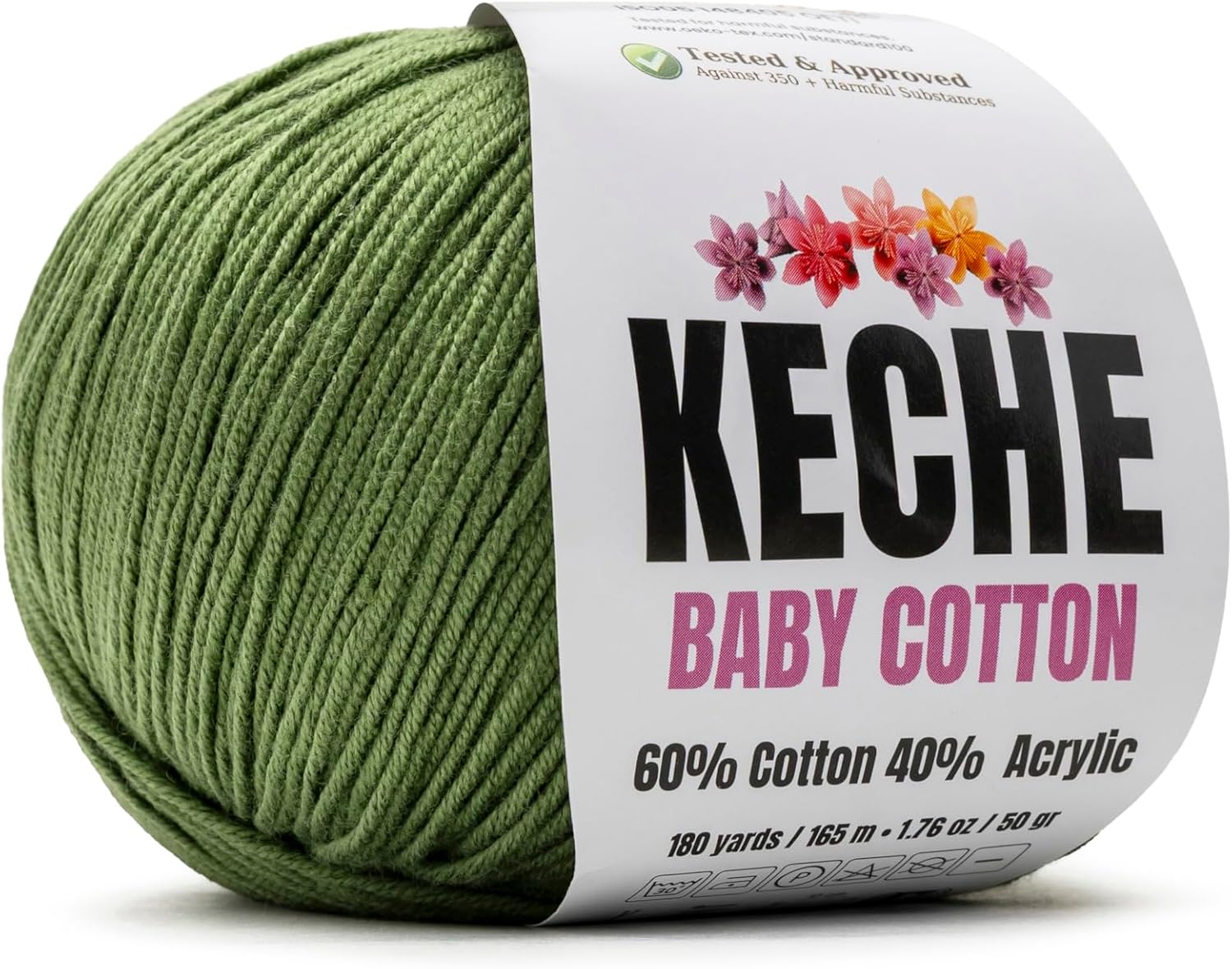 Keche Baby Cotton, 60% Cotton 40% Acrylic Yarn, Soft Cotton Yarn for Crochet and Knitting, Amigurumi Yarn 1 Skein/Ball 1.76 Oz (50g) / 180 Yrds (165m) - Olive Green