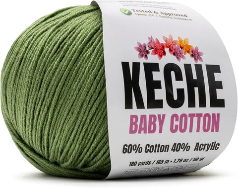 Keche Baby Cotton, 60% Cotton 40% Acrylic Yarn, Soft Cotton Yarn for Crochet and Knitting, Amigurumi Yarn 1 Skein/Ball 1.76 Oz (50g) / 180 Yrds (165m) - Olive Green