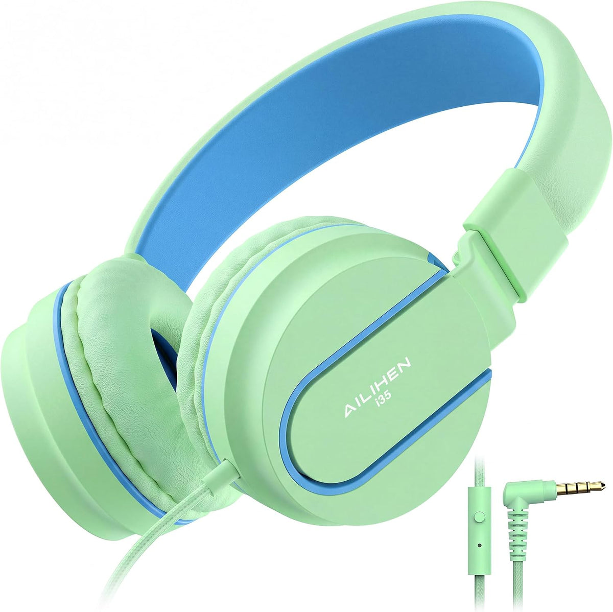 AILIHEN I35 Kids Headphones for School with Mic, 93dB Safe Volume, Green