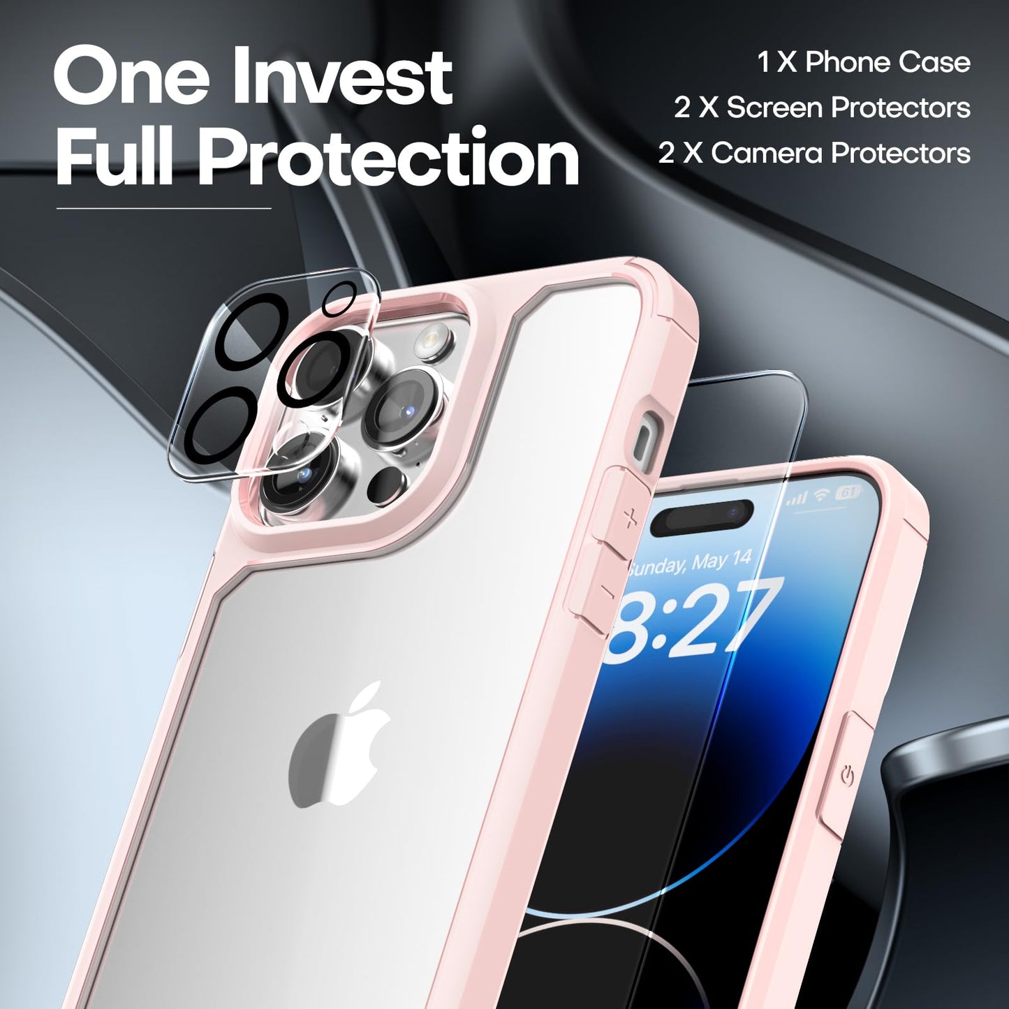 TAURI 5 in 1 for iPhone 14 Pro Case Pink, [Not-Yellowing] with 2X Screen Protector + 2X Camera Lens Protector, [Military Grade Drop Protection] Shockproof Slim Case for iPhone 14 Pro