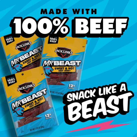 Jack Link's MrBeast Sweet & Hot Beef Jerky - (10 Pack) 1.25 oz | Bag - Ready to Eat Protein Snacks - 12g Protein per Serving - Made with 100% Real Beef