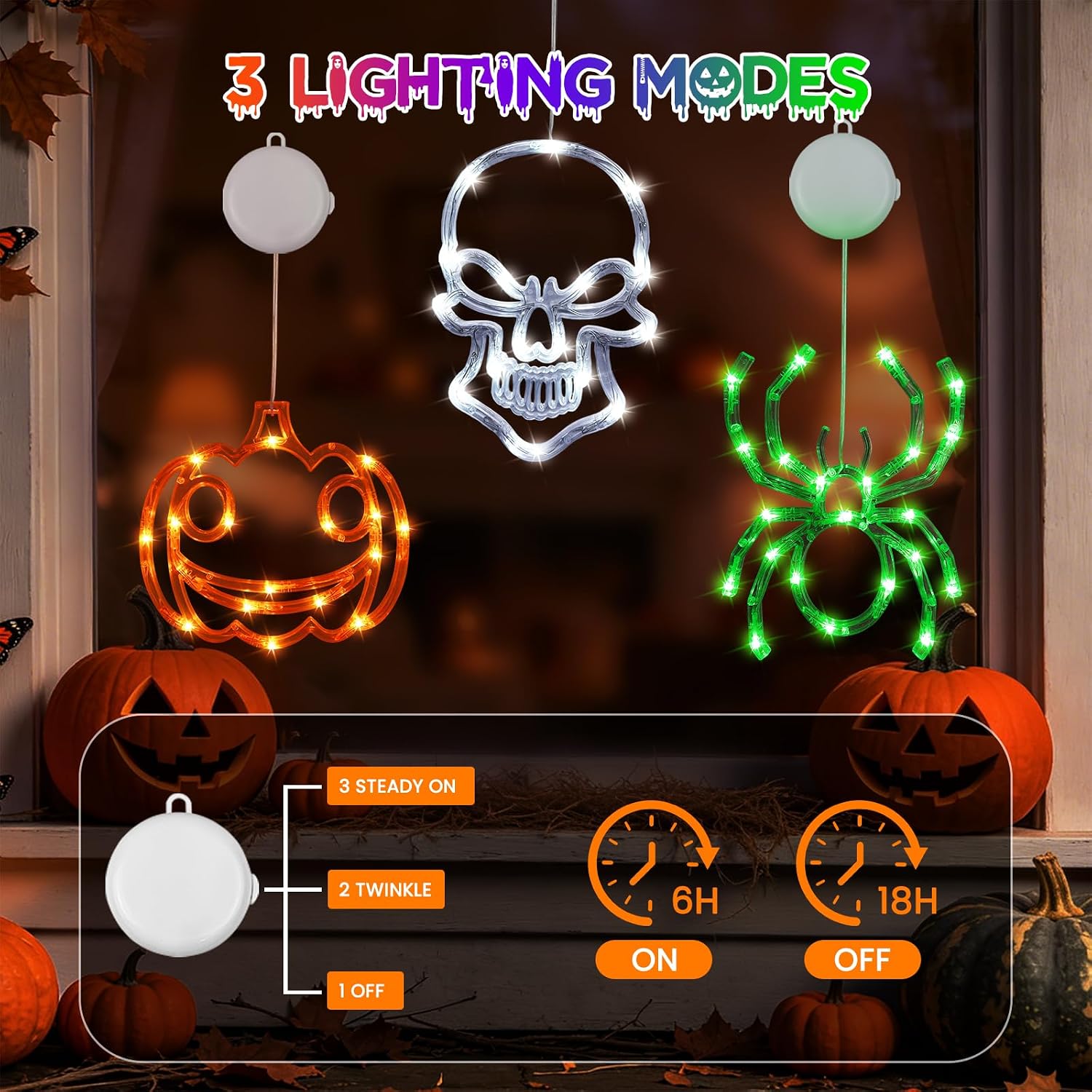 3 Pack Halloween Window Lights, Pumpkin, Skeleton, Spider Lights Decor