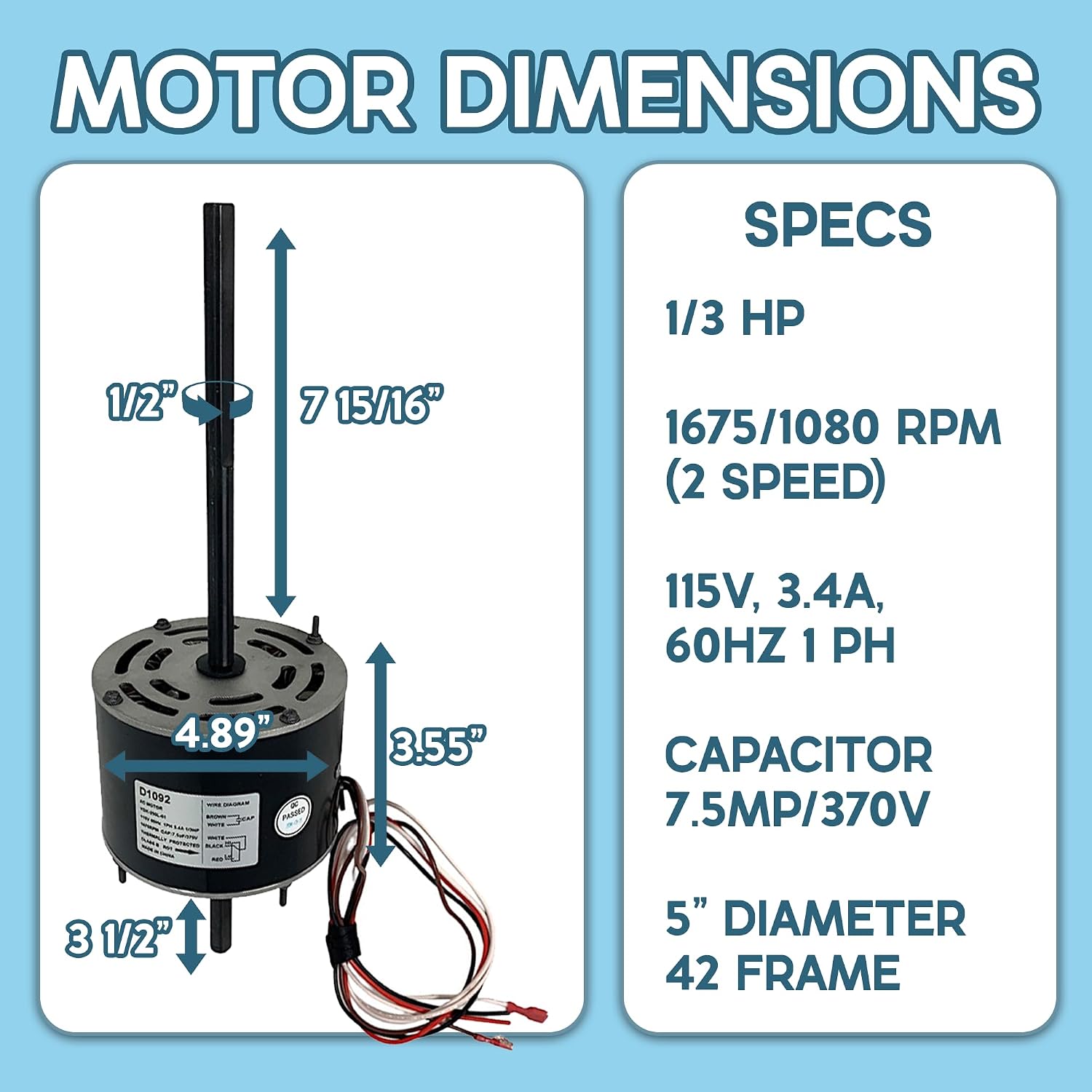 Fasco D1092 1468-3069 RV Air Condenser Motor Replacement, Sleeve Bearing Double Shaft Motor Replaces 7184-0156, 7184-0432,1468-306, 7855MVA-A11U Fits Coleman Mach 6000 & 8000 Series AC Units