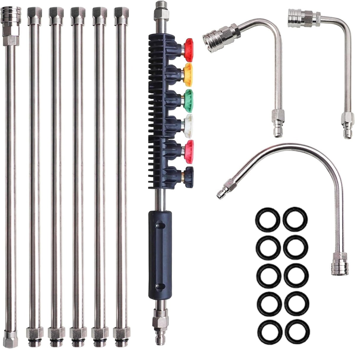 Xiny Tool Pressure Washer Extension Wand, 10 Pack Power Washer Lance with 6 Atomization Nozzle Tips,1 Gutter Cleaner Attachment Curved Rod, 1/4" Quick Connect, 4000 PSI