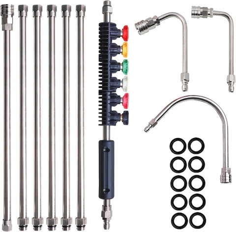 Xiny Tool Pressure Washer Extension Wand, 10 Pack Power Washer Lance with 6 Atomization Nozzle Tips,1 Gutter Cleaner Attachment Curved Rod, 1/4" Quick Connect, 4000 PSI