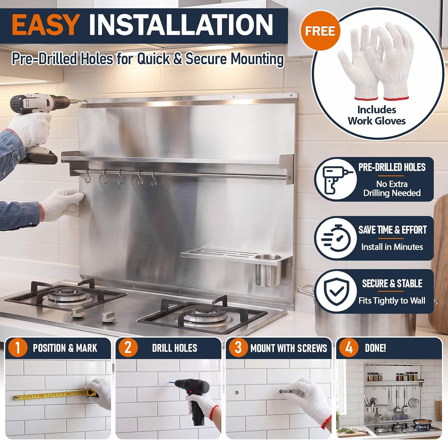 Geetery 30 x 24 Inch Stainless Steel Stove Backsplash with Shelf Knife Rack