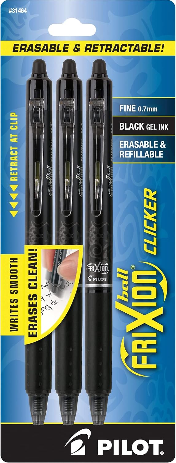 PILOT FriXion Clicker Erasable Pens, Fine Point 0.7 mm, Black Ink, 3-Pack