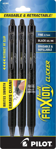 PILOT FriXion Clicker Erasable Pens, Fine Point 0.7 mm, Black Ink, 3-Pack