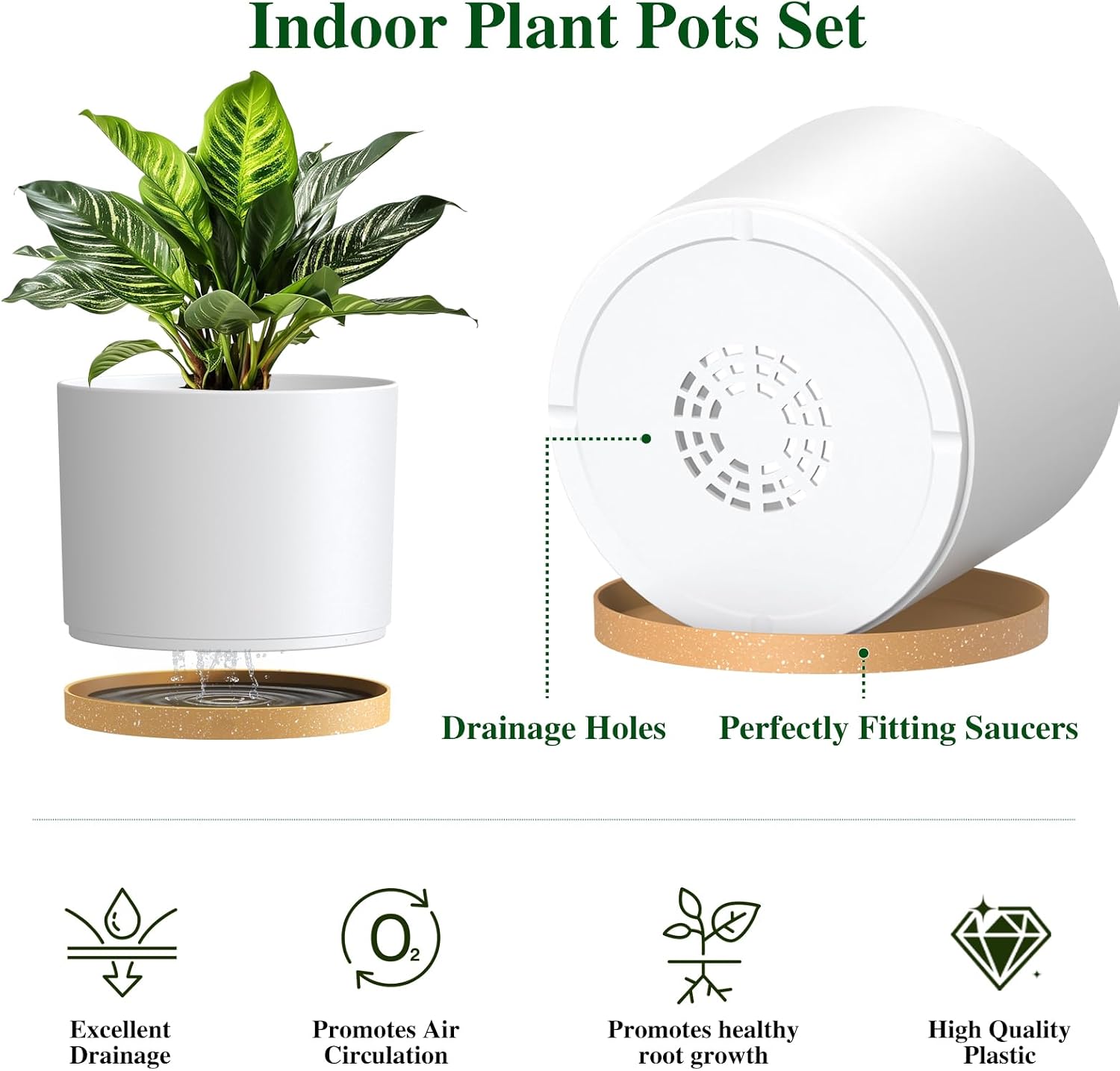 Plant Pots, 10/9/8 Inch 3 Pack Cylindrical Flower Pots with Drainage Holes and Saucers, Plastic Planters for Outdoor Indoor Plants,White Brown
