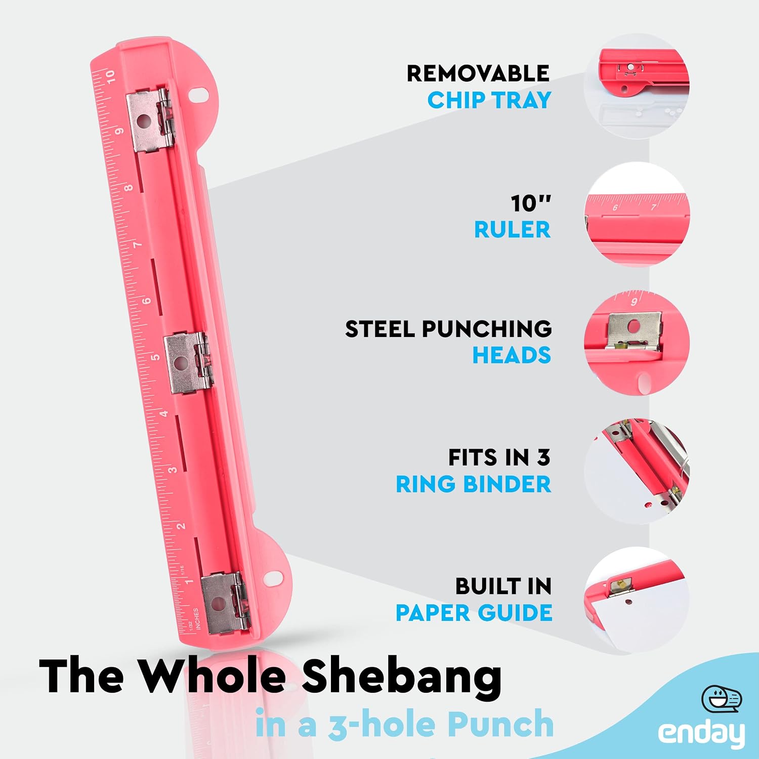 3 Hole Punch Pink, Portable Hole Puncher for 3 Ring Binder, 3 Sheets Capacity, Removable Chip Tray, 10” Ruler for School, Office, Also Available in Purple, Blue, Green, Red, Grey, 1 Pc-by Enday