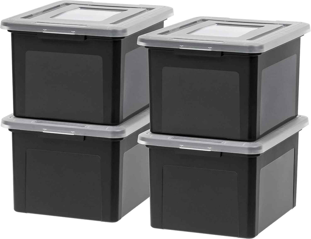 IRIS USA 4-Pack 35 Qt. Letter/Legal File Box with Latching Lid, Black | Organize lesson plans, classroom files and teaching materials with secure storage for teachers, schools and educators
