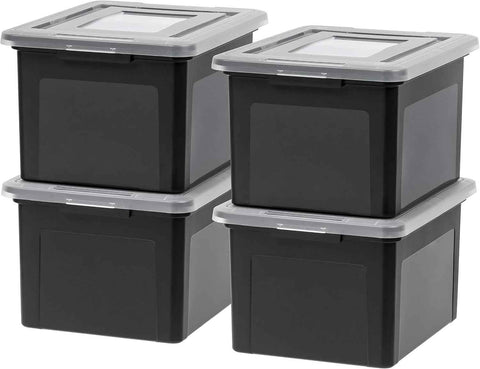 IRIS USA 4-Pack 35 Qt. Letter/Legal File Box with Latching Lid, Black | Organize lesson plans, classroom files and teaching materials with secure storage for teachers, schools and educators