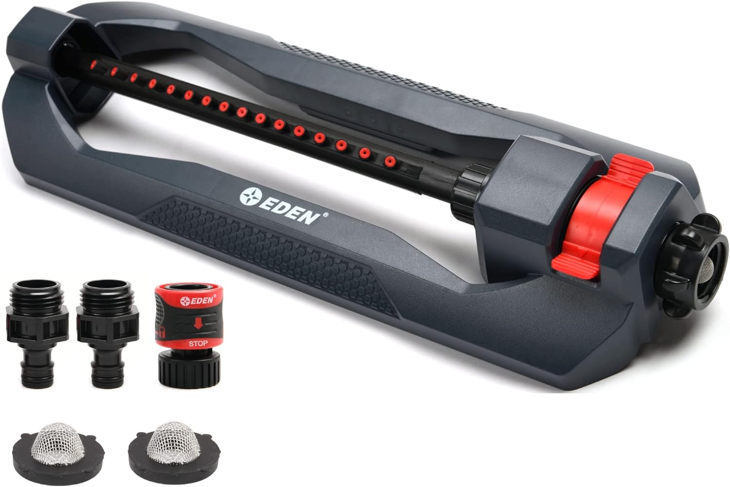 Eden 96213 Weighted Essential Oscillating Sprinkler | Covers Up to 3,600 sq. ft., 16 Precision Nozzles, Adjustable Range, Turbo Drive Motor, Quick Connect Bundle, Stainless Steel Filters, Black