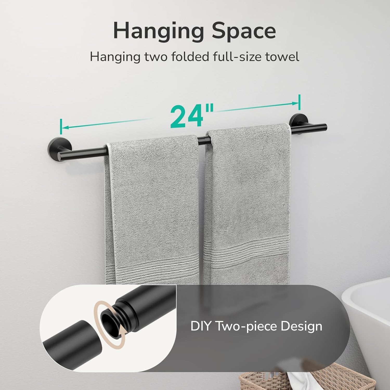 2-Pack Matte Black Towel Bar, 24-Inch Towel Racks for Bathroom