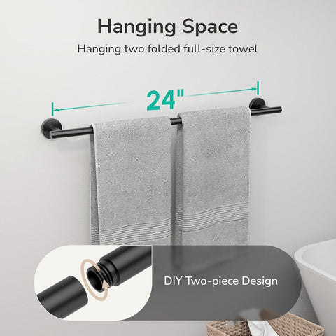 2-Pack Matte Black Towel Bar, 24-Inch Towel Racks for Bathroom
