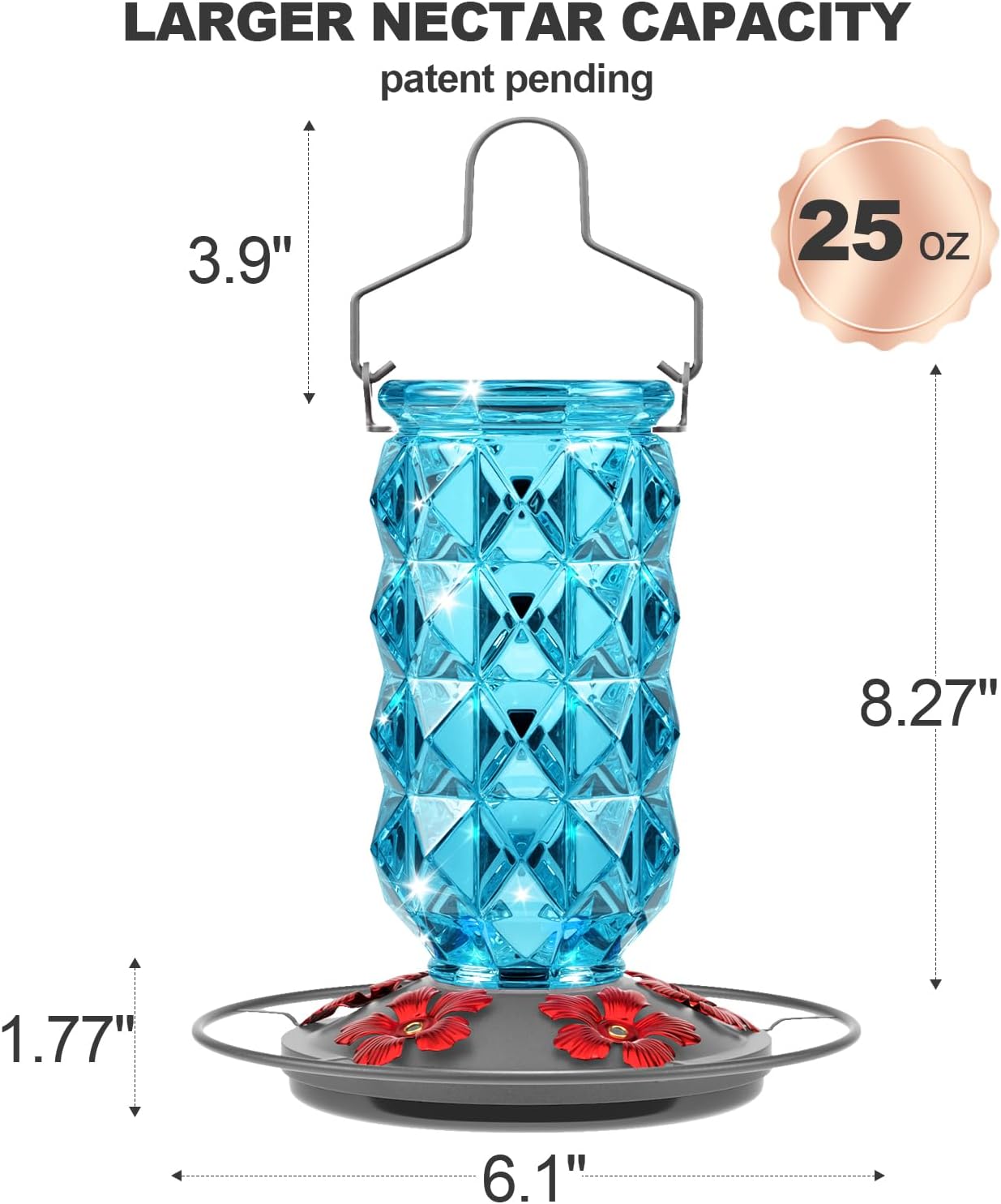 2 Pack Glass Hummingbird Feeders for Outdoors, 25 Ounces Wild Bird Nectar Feeder with Perch & 5 Flower Feeding Ports Leak Proof Hanging for Garden Backyard Decor, Gifts for Women Mom, Red & Blue