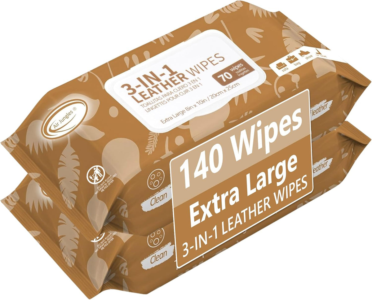 Air Jungles 3in1 Leather Cleaner Wipes 140 Count, Extra Large 8" x 10" Size