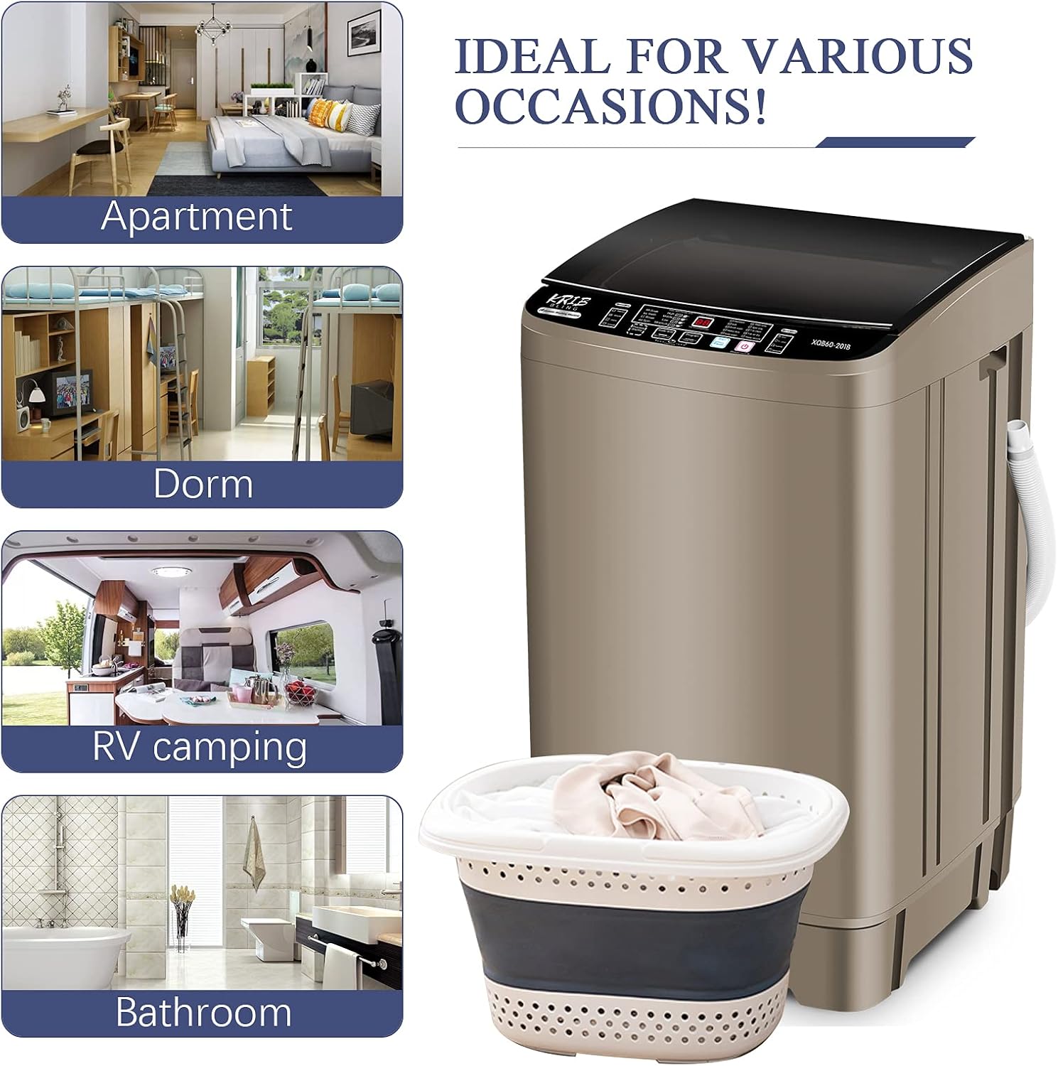 KRIB BLING Full Automatic Washing Machine with LED Display, 17.7 lbs Portable Washer Drain Pump, 10 Programs & 8 Water Levels Selections, Ideal for RV, Camping, Apartment, Dorm, Gold