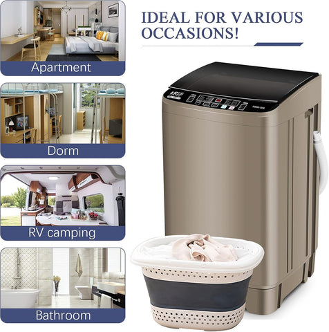KRIB BLING Full Automatic Washing Machine with LED Display, 17.7 lbs Portable Washer Drain Pump, 10 Programs & 8 Water Levels Selections, Ideal for RV, Camping, Apartment, Dorm, Gold