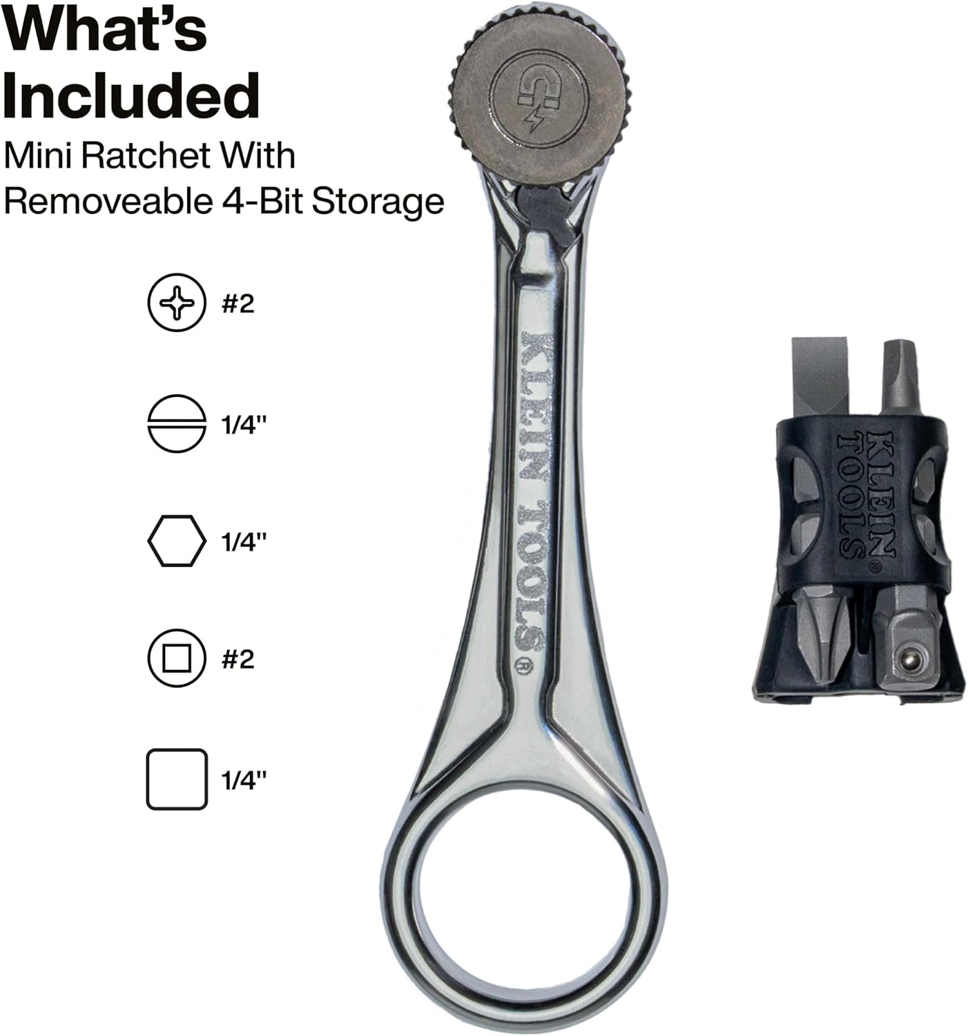 Klein Tools 65200MAG Slim-Profile Magnetic Mini Ratchet, 90-Tooth Ratchet Screwdriver Set with 1/4-Inch Nut Driver, 4 Bit Storage, Includes Phillips, Slotted, Square, and Nut Driver Adapter