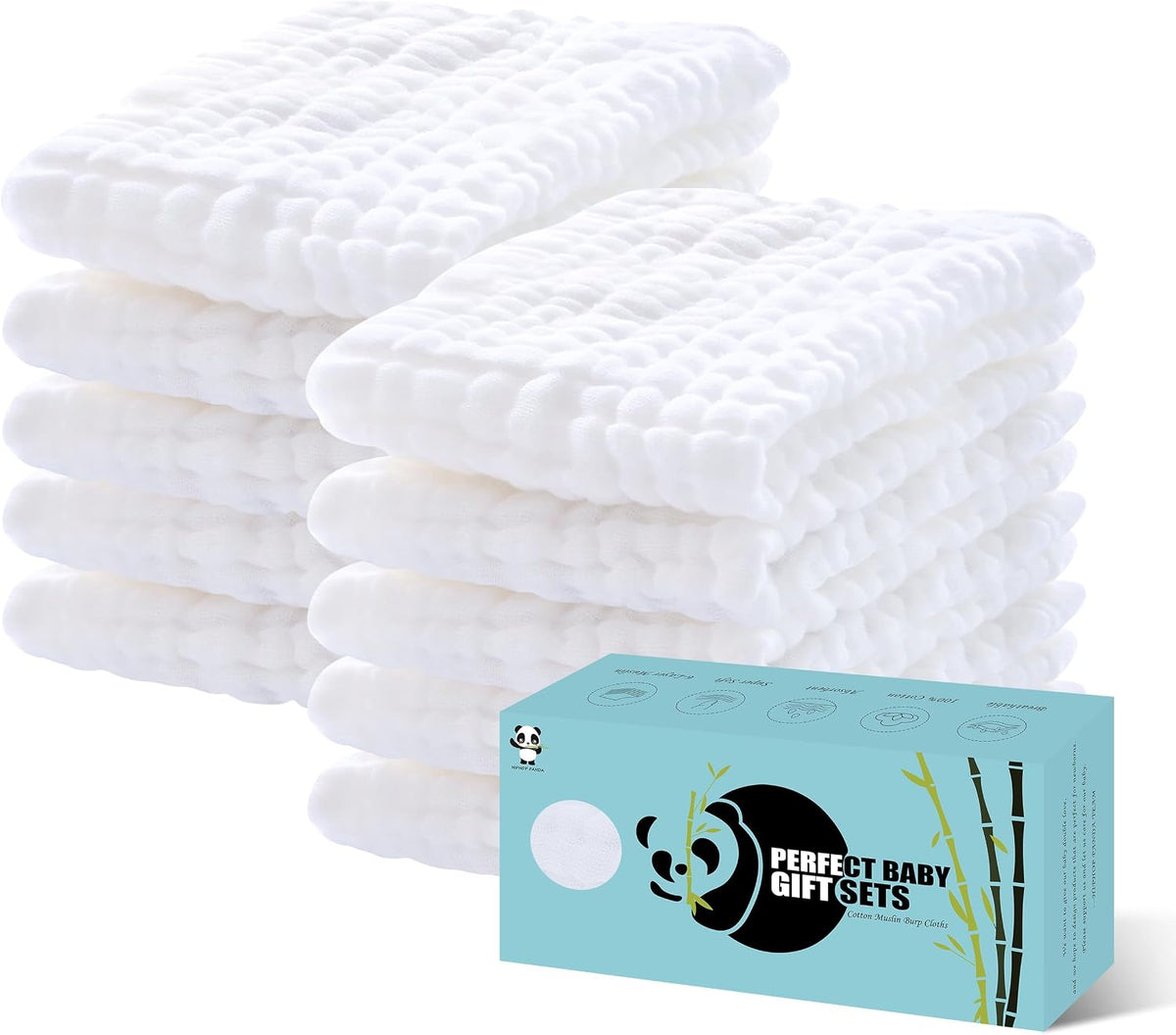 HIPHOP PANDA Large 100% Cotton Muslin Baby Burp Cloths - Reinforced Edges