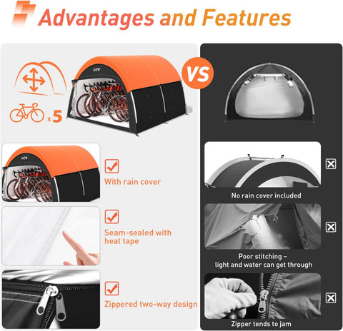 Upgraded Bike Tent with Rain Cover, Outdoor Storage Shed for 6-10 Bikes