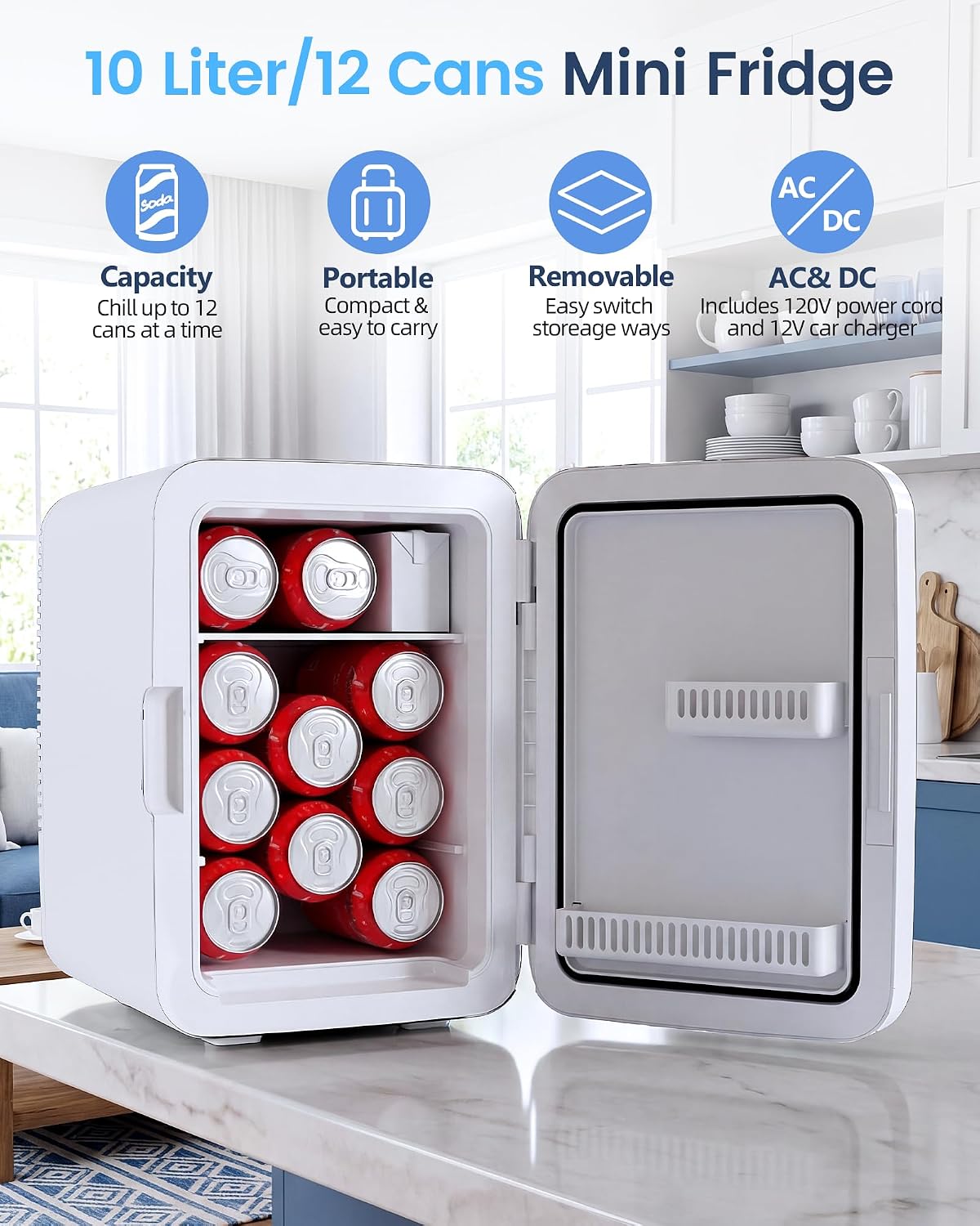 Electactic 10L Compact Mini Fridge, AC/DC Small Refrigerator, White