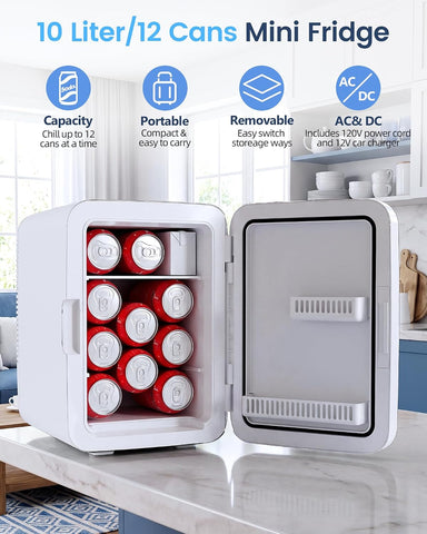 Electactic 10L Compact Mini Fridge, AC/DC Small Refrigerator, White