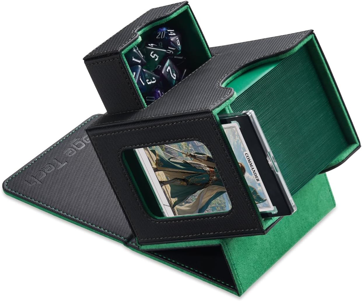 Mage Tech Card Deck Box for MTG Commander - Patented Design, Commander Display, Fits 100 Double-Sleeved Cards, 35pt Card Brick & Dice Tray - Black/Green