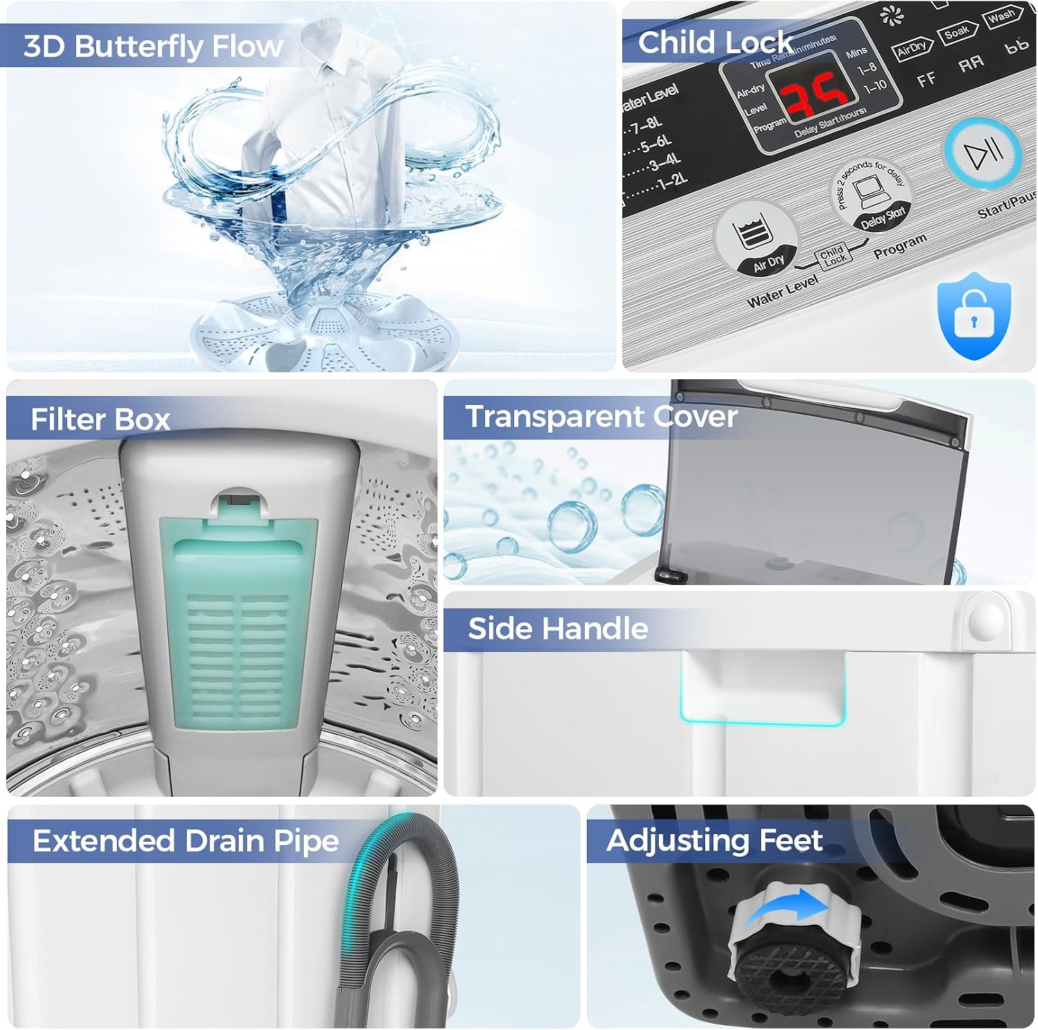 Nictemaw Washing Machine for Apartment, 20Lbs 2.8Cu.ft with Drain Pump 480W