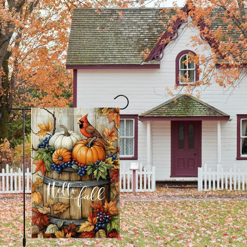 Welcome Fall Cardinal Garden Flag, Autumn Pumpkin Harvest Wooden Barrel Outdoor For Decor, 12x18 Inch Double Sided Burlap Maple Leaf Farmhouse Home Decor Yard Party Thanksgiving Decoration