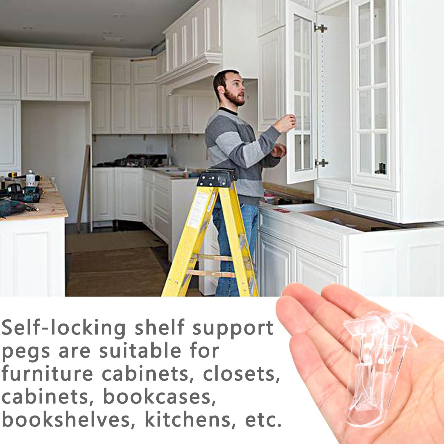 20pcs Plastic Locking Shelf Support Pegs,7.9mm Shelf Pin,Self-Locking Bracket Clips,Clear Shelf Pegs for for Kitchen Cabinet Furniture Book Shelves, 5/16" Peg x 3/4" Thick Shelves