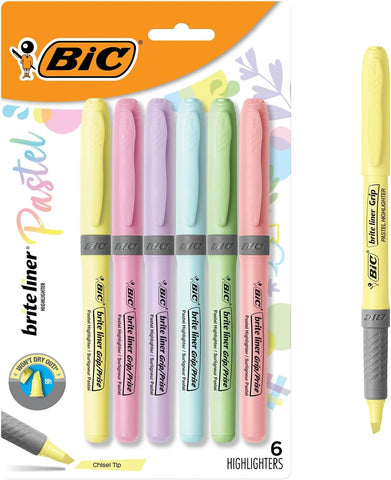 BIC Brite Liner Grip Pastel Highlighter Set, Chisel Tip, 6-Count Pack