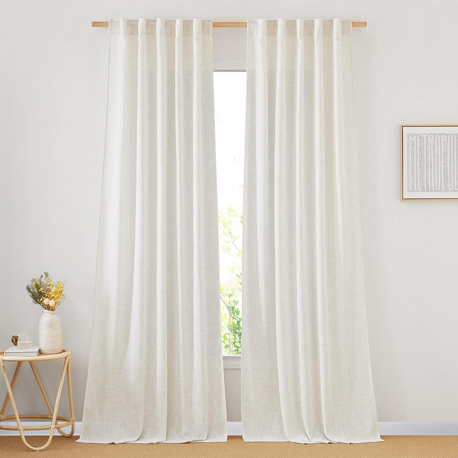 NICETOWN Linen Curtains 92 inches Long, Rod Pocket & Back Tab Semi Sheer Flax Linen Burlap Window Treatments Privacy with Light Filtering for Doorway/Living Room, Natural, W37 x L92, 2 Panels