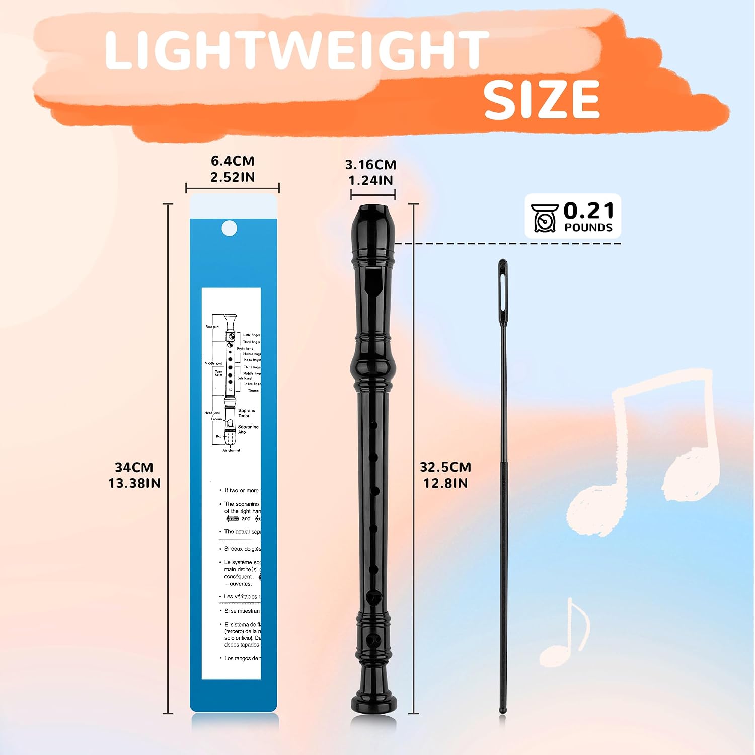Soprano Recorder Instrument for Kids Beginners 8 Hole Flute for School Students with Cleaning Rod, C Key Baroque Fingering, Black Plain Edition