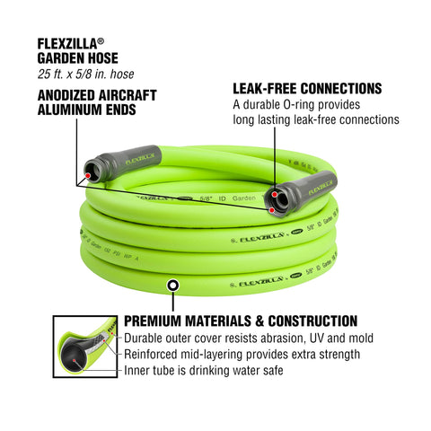 Flexzilla Garden Hose 5/8 in. x 25 ft, Heavy Duty, Lightweight, Durable, ZillaGreen - HFZG525YW-E