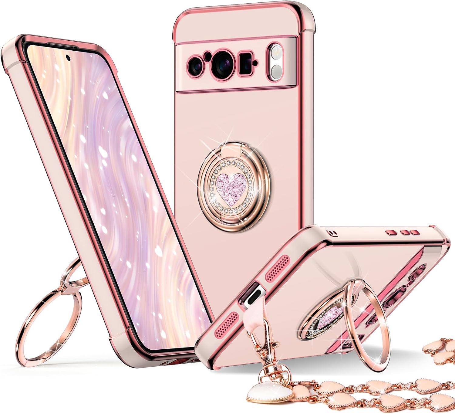 XYZ for Pixel 8 Pro Case with Stand, for Google Pixel 8 Pro Case with Double Ring, Women Girls Bling Luxury Protective Phone Case Heart for Google Pixel 8 Pro, Pink