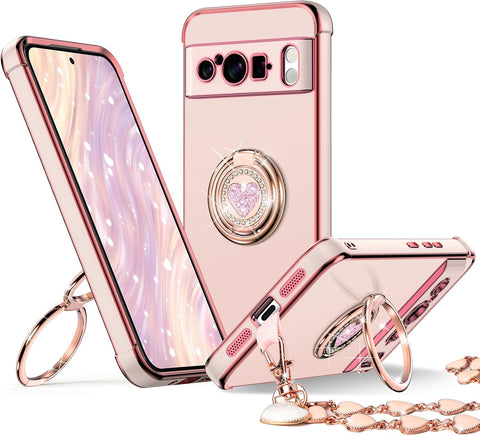 XYZ for Pixel 8 Pro Case with Stand, for Google Pixel 8 Pro Case with Double Ring, Women Girls Bling Luxury Protective Phone Case Heart for Google Pixel 8 Pro, Pink