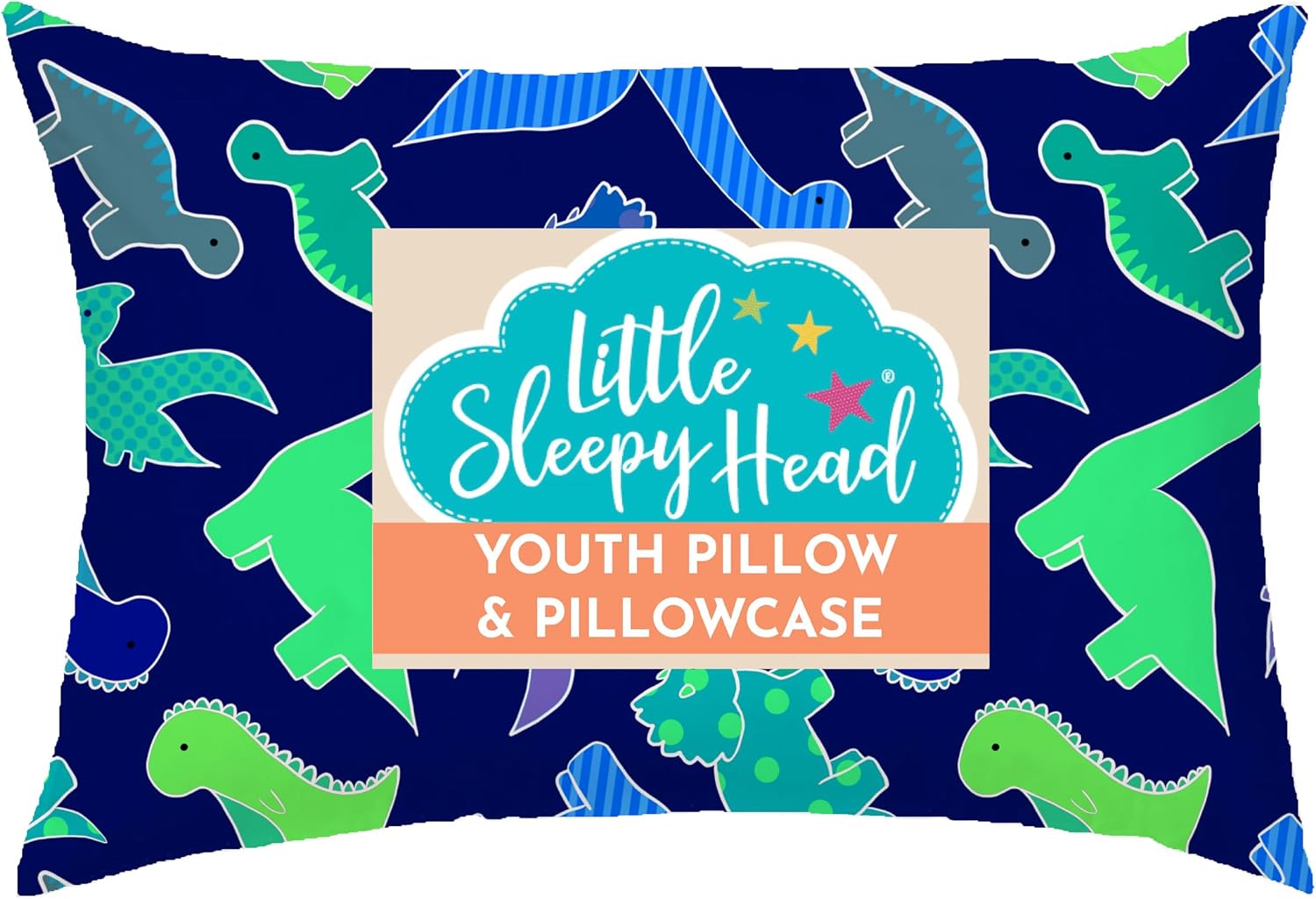 Little Sleepy Head Youth Pillow 16x22 with Hypoallergenic Cotton Pillow case Youth Pillows for Sleeping Age 5-10 - Snugly Designed Youth Neck Pillows for Travel, School and Bedtime - (Dinosaurs Blue)