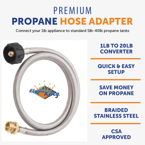 Flame King 5-FT Steel Braided Hose, 1 lb to 20 lb Propane Tank Adapter, Connects Portable Appliances to Standard Propane Tanks with QCC1/Type1 Tank