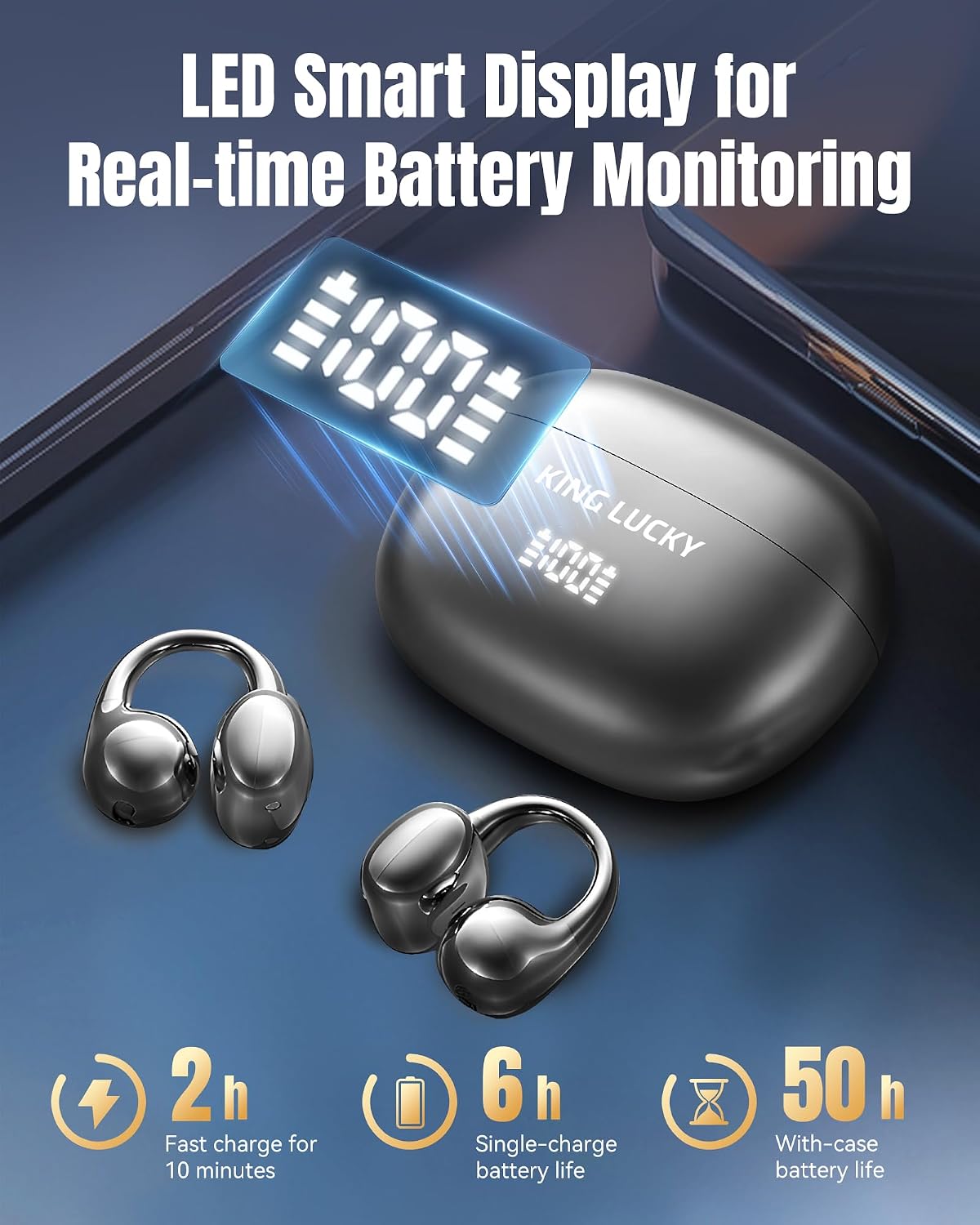 King Lucky Clip-On Earbuds Gen 3, Open-Ear Wireless Bluetooth 6.0 Headphones with Mic, Secure Fit for Small Ears & Glasses Wearers, 50H Playtime, LED Digital Display, ENC, IPX5 Waterproof(Balck)