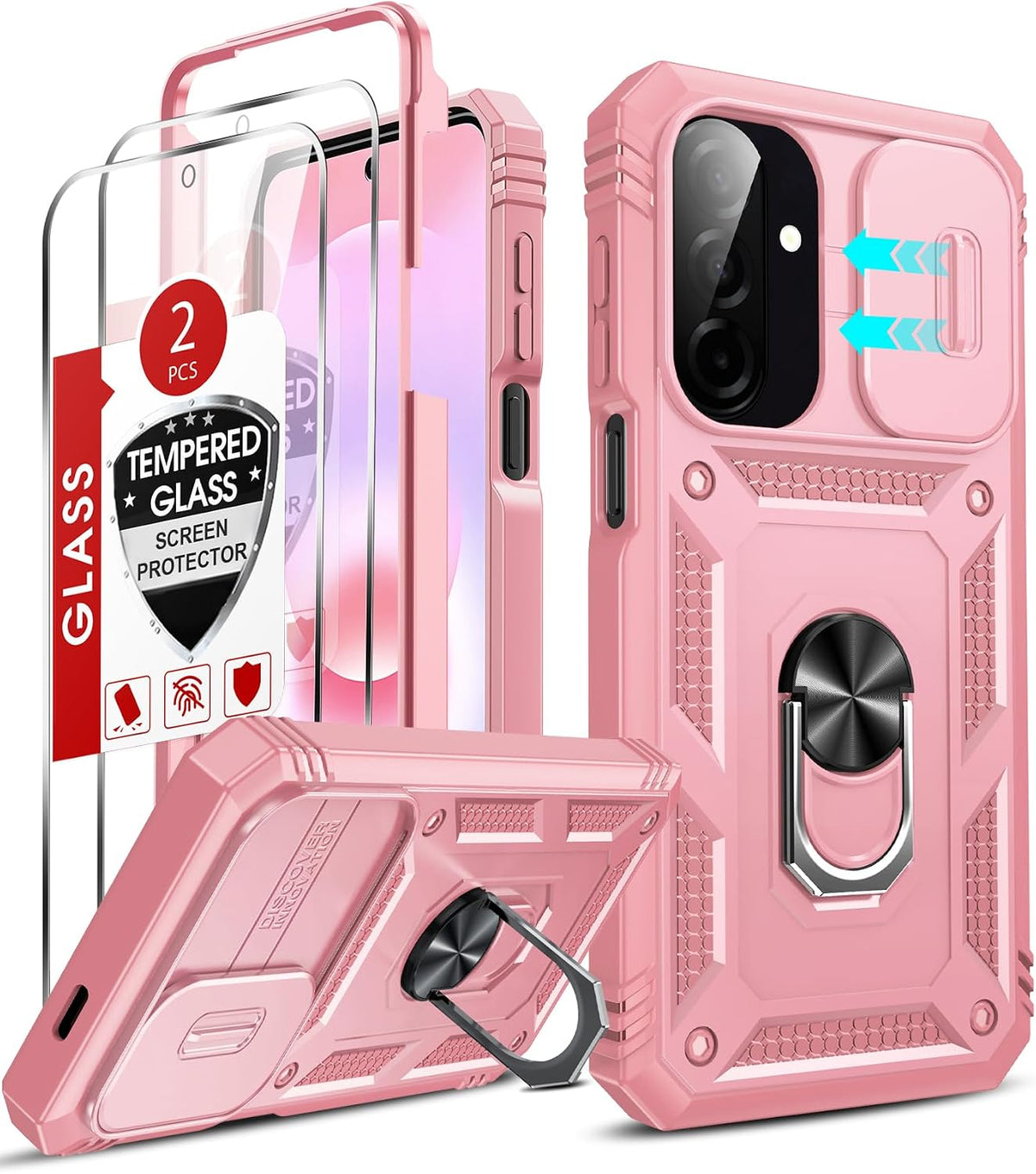 LeYi Compatible for Samsung Galaxy A27-5G Phone Case: Samsung A27 5G Case with Screen Protector X 2, Slide Camera Cover with Magnetic Stand, Heavy Duty Shockproof para A27 Case for Women Girl, Pink