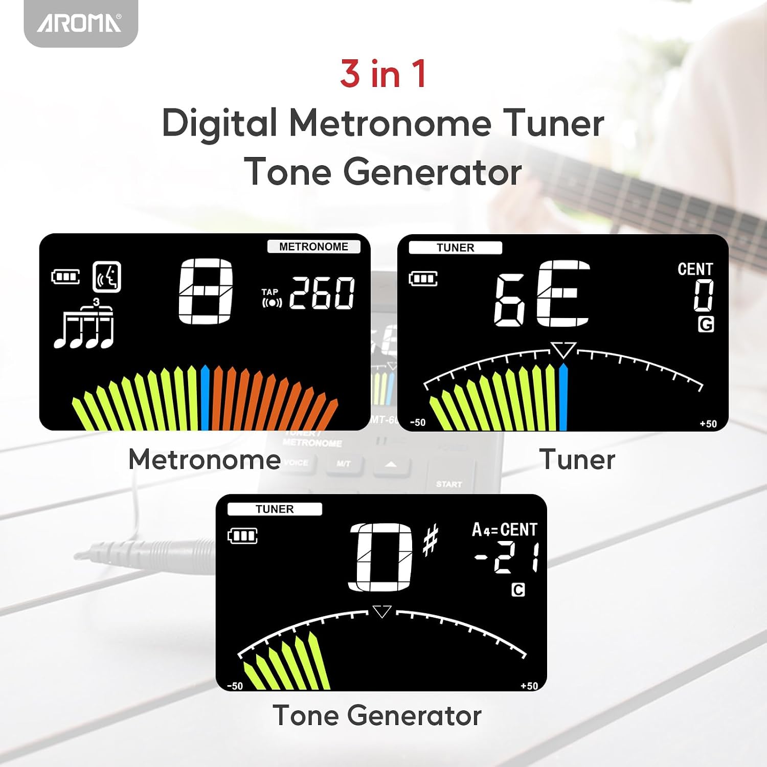 Aroma Digital Metronome Tuner Rechargeable for All Instruments with Guitar Bass Violin Ukulele Chromatic and Wind Instruments Tuning Modes
