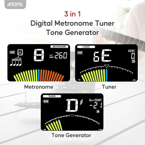 Aroma Digital Metronome Tuner Rechargeable for All Instruments with Guitar Bass Violin Ukulele Chromatic and Wind Instruments Tuning Modes